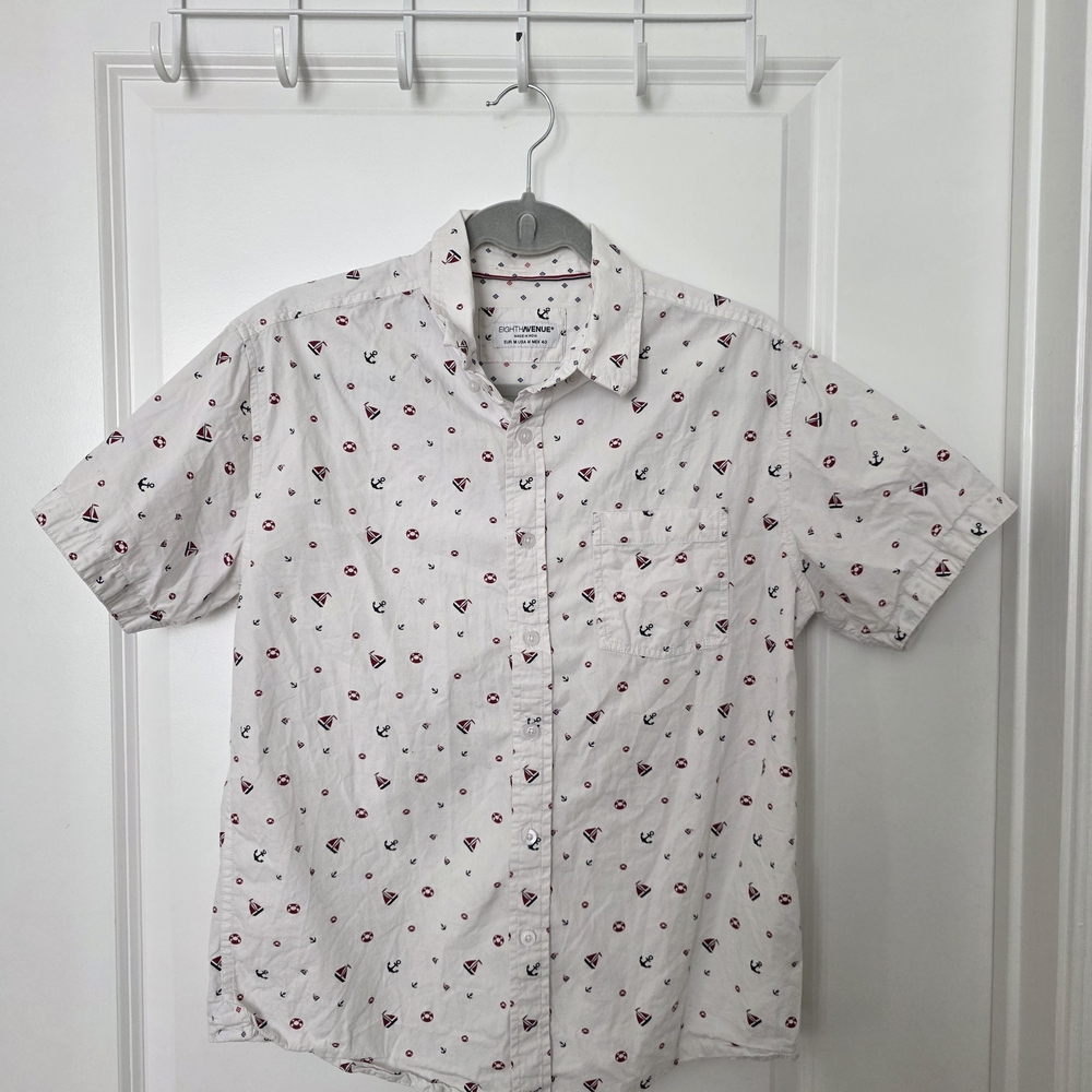 White Short-Sleeve Button-Down with Red and Navy Nautical Icons